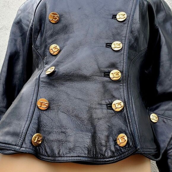 Vintage 80s Jitrois Black Lambskin Leather Military Jacket S Peplum - Picture 10 of 16